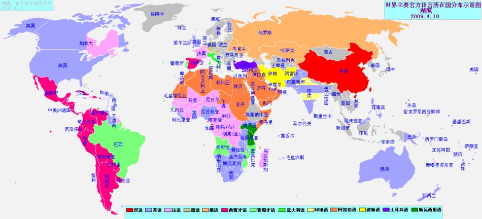 世界主要官方語言分布示意圖