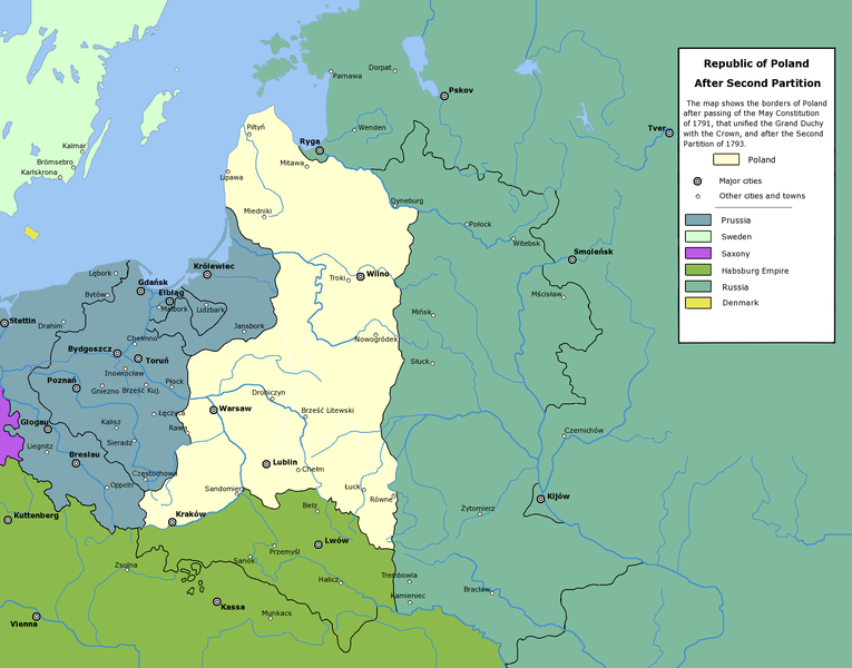 第二次瓜分後波蘭的疆域（淺黃色部份