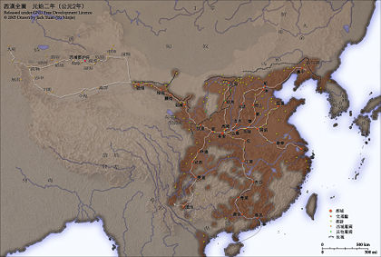 二世紀西漢(磚紅色)與烏孫國(西漢西北)