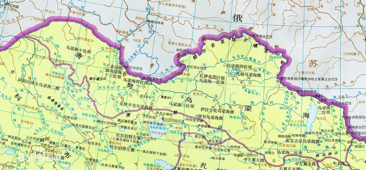 清朝地圖中唐努烏梁海的地理位置，屬於烏里雅蘇台將軍管轄