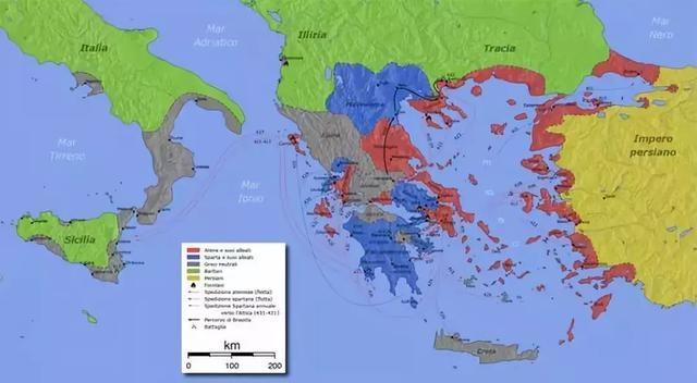 雅典勢力範圍（紅）vs斯巴達勢力範圍（藍）
