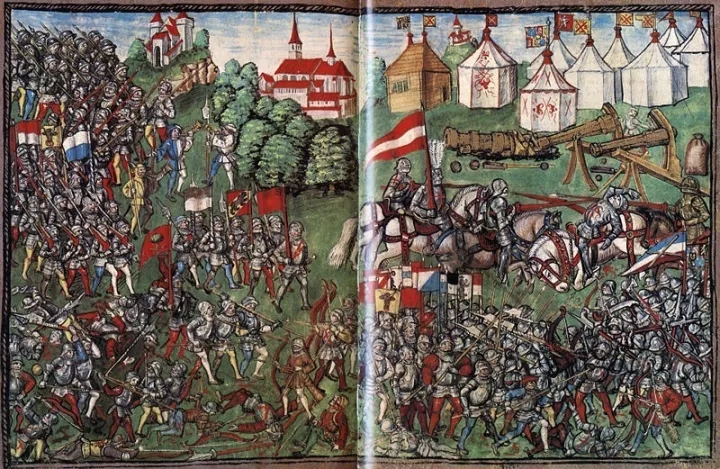 中世紀手抄本上 瑞士軍隊大破勃艮第人