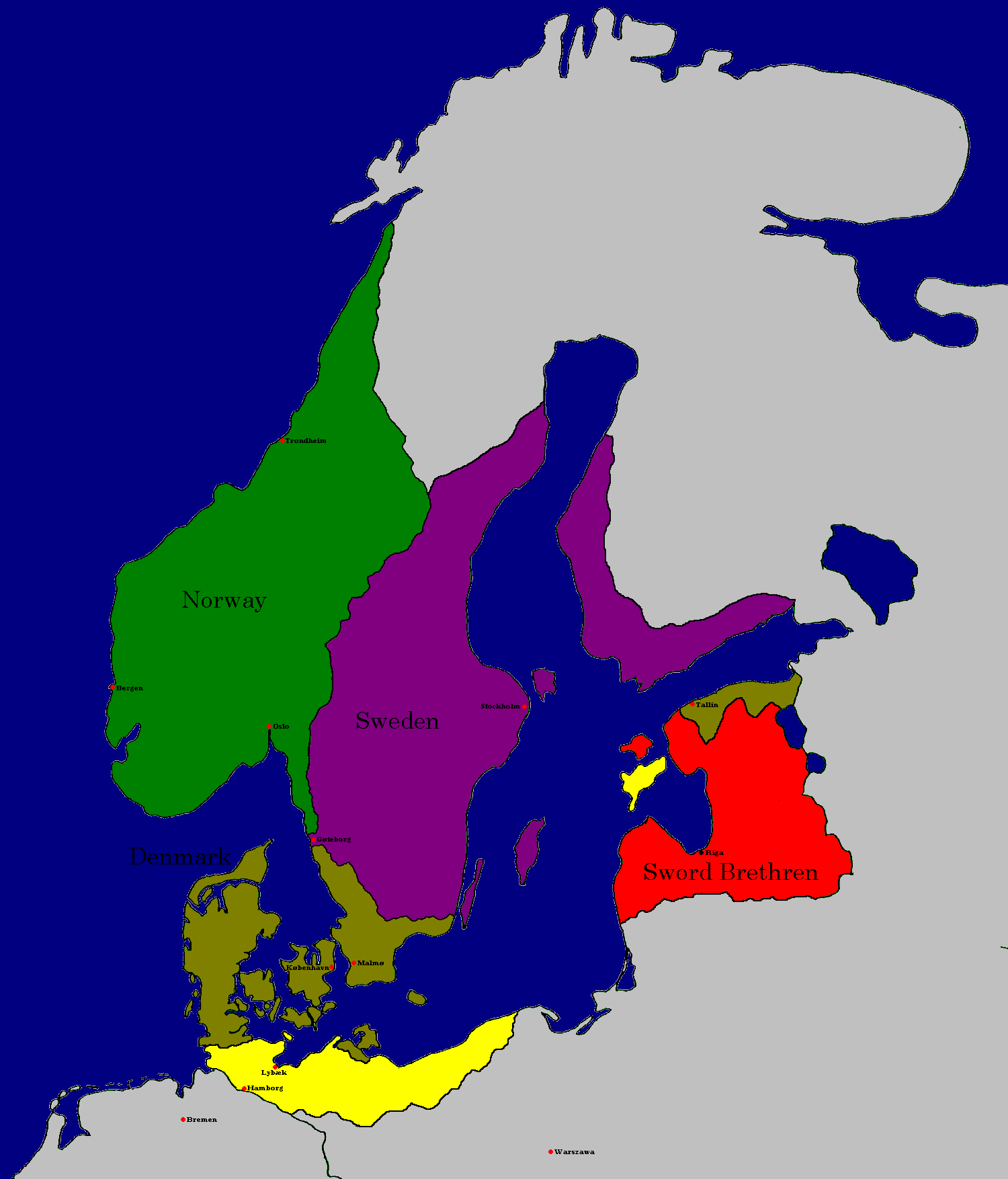 北方十字軍入侵後丹麥，挪威，瑞典的領土