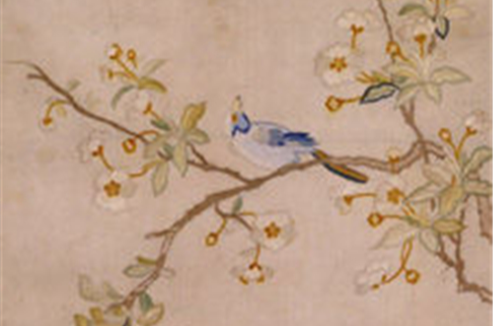 刺繡海棠雙禽圖軸