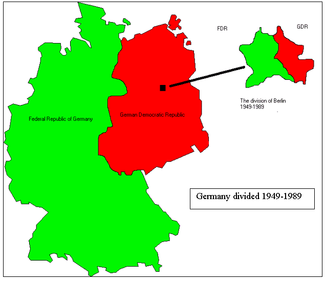 紅色部分為東德，綠色部分為西德
