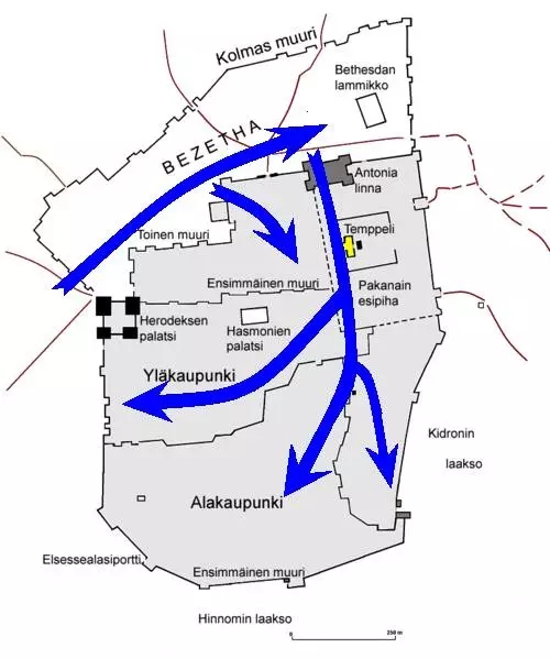 第一次猶太戰爭中 羅馬人進攻耶路撒冷的路線