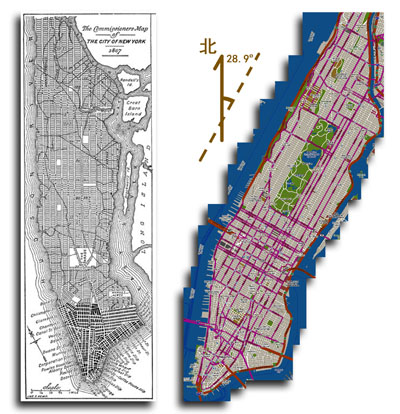 1811年的規劃方案（左）和今天的曼哈頓地圖