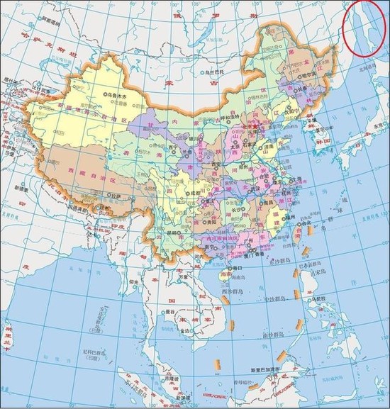 紅圈處為新版中華人民共和國地圖當中庫頁島的位置
