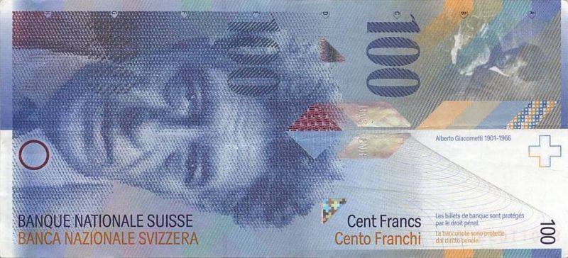 100瑞士法郎正面印有賈科梅蒂的頭像