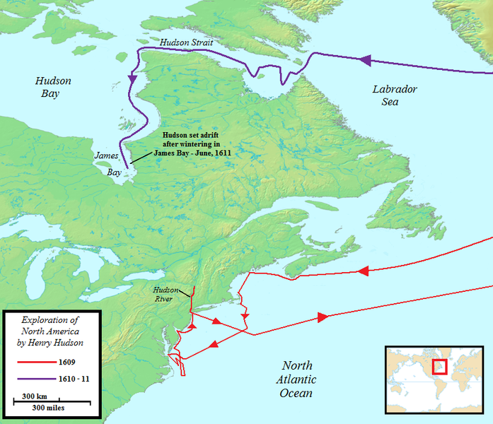 哈德遜在北美洲的航海路線