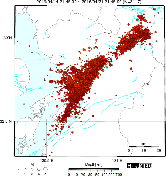 前震發生一周內餘震震源活動分布圖（NIED）