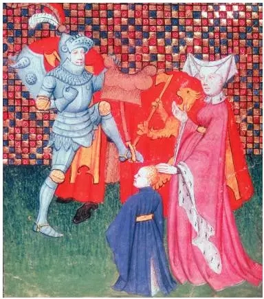 十五世紀的手繪本 一名騎士正在向他的妻兒告別