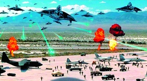 電影中外星飛碟襲擊美軍軍事基地的場景