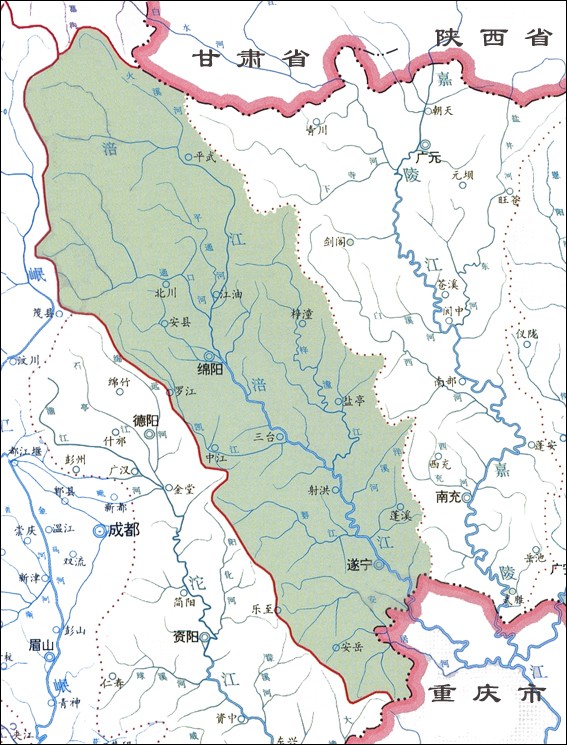 涪江流域水系及位置示意圖