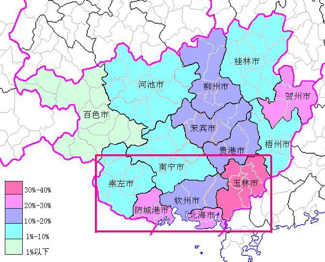 廣西各市客家比例及桂南所在位置