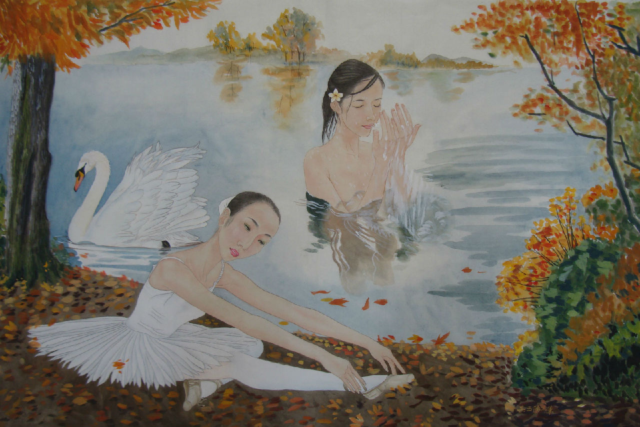 繪畫《天鵝湖邊的芭蕾舞者》吳玉陽作