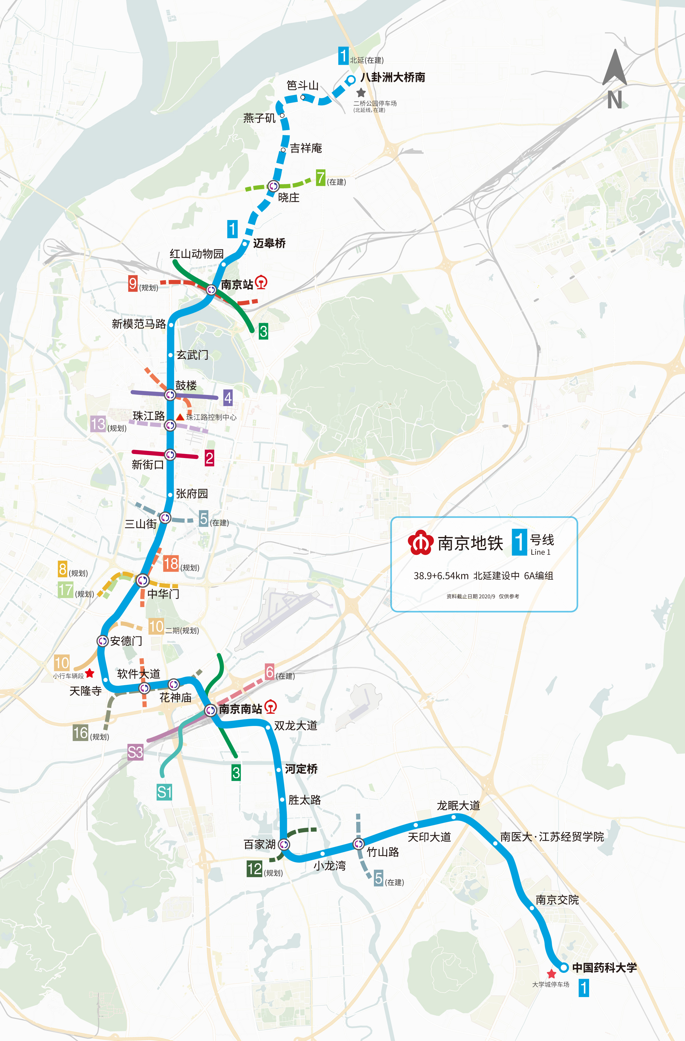 南京捷運1號線線路圖(含北延線)
