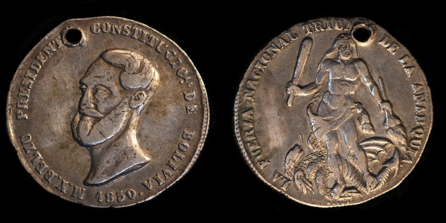 1850年發行的印有貝爾蘇總統頭像的玻利維亞硬幣