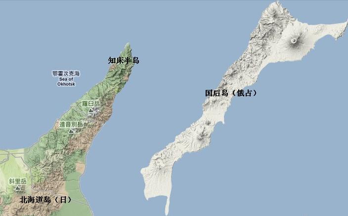 衛星地圖上的知床半島和國後島