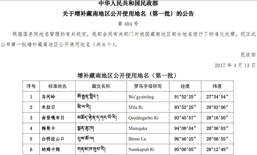 《民政部發布關於增補藏南地區公開使用地名（第一批）的公告》