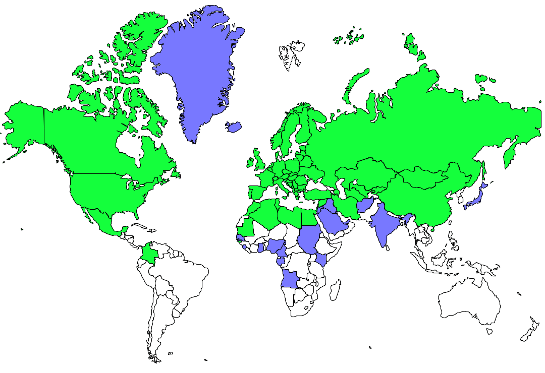 綠：原生種分布；紫：迷鳥分布（稀少）