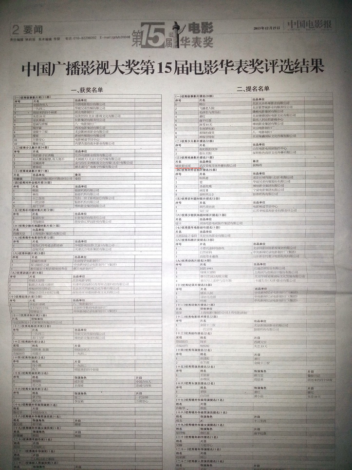 《中國電影報》2013年12月總第1271期報導