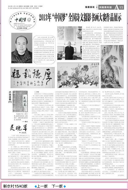 河南青年報刊登劉洋的書法作品