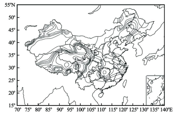 1960 — 2005 年中國年平均降雪量