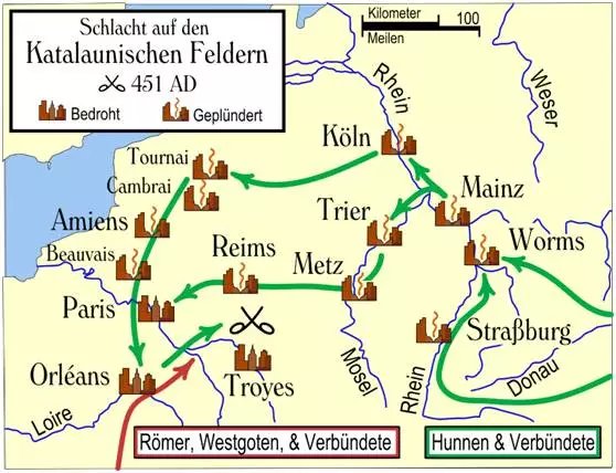 阿提拉入侵西羅馬帝國的進軍路線