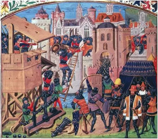 十五世紀的攻城戰場面 火炮 雲梯 弓弩以及各種攻城器械
