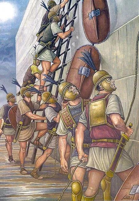 努力爬上新迦太基城牆的羅馬士兵