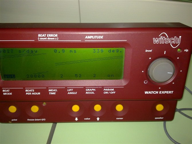 機械手錶測試儀，右上角顯示數字為擺幅