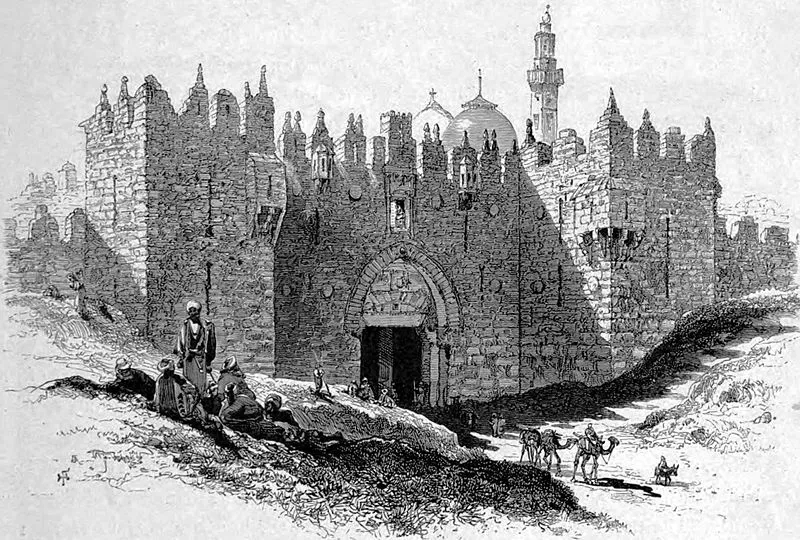 一幅近代的大馬士革老城城牆素描