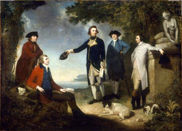 索蘭德（左一）與班克斯、庫克、約翰·霍克斯沃斯、三明治伯爵