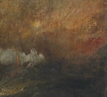 油畫中一艘正在燃燒的船被巨浪淹沒