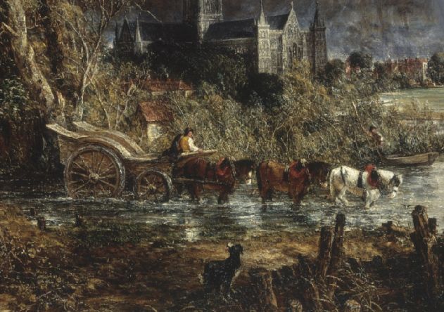 油畫前景中描繪了在水窪中艱難驅行的馬車