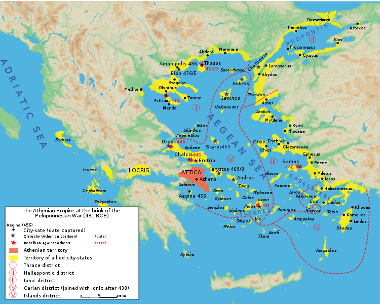 前431年的古希臘世界，紅色部分是雅典城邦