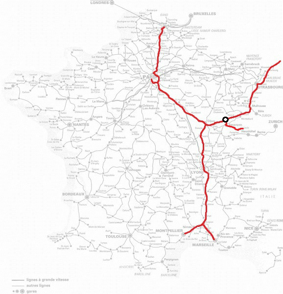貝桑松TGV站列車通達範圍（2015年）