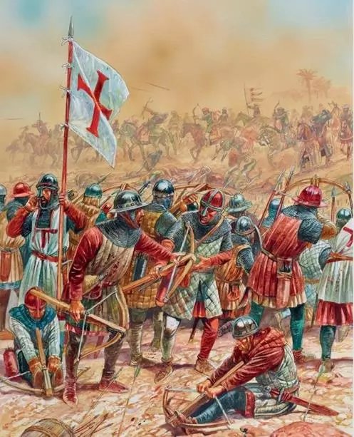 在重步兵掩護下擊退穆斯林騎兵的十字軍弓弩手