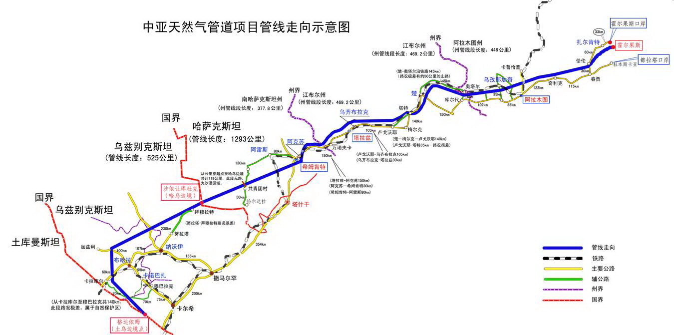 中亞天然氣管道項目管線走向示意圖