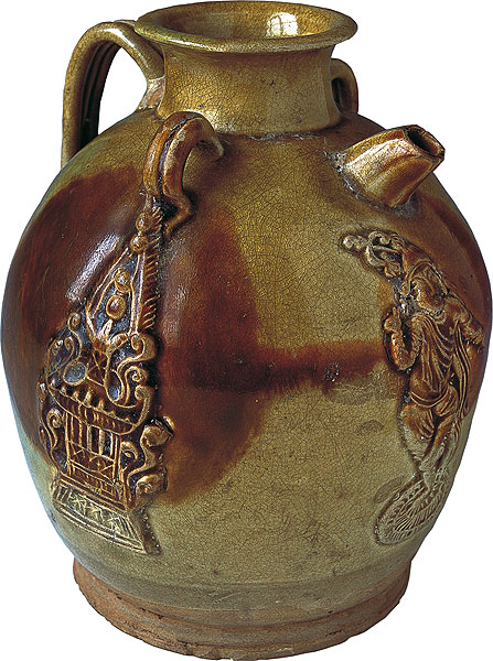 褐斑貼花舞蹈人物瓷壺