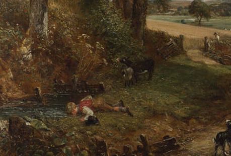 畫中左側描繪了趴在溪邊飲水的男孩