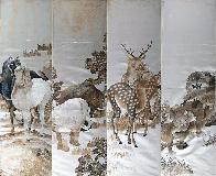 清末湘繡白緞地“獅、鹿、象、馬”四條屏