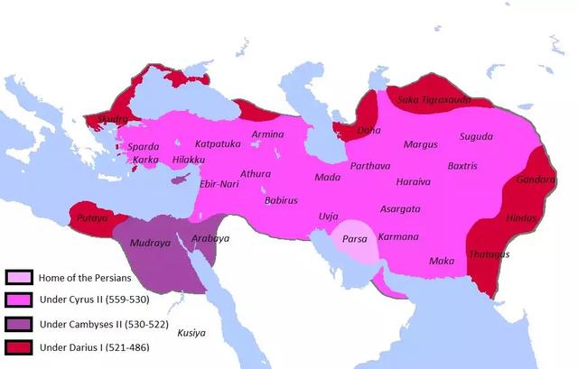 公元前4世紀 波斯帝國版圖縮水為圖中的紫色和紫紅色狀態