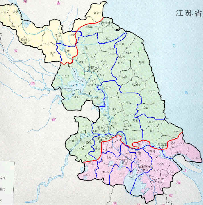 江蘇省方言分布（紅色為吳語，即蘇南地區）