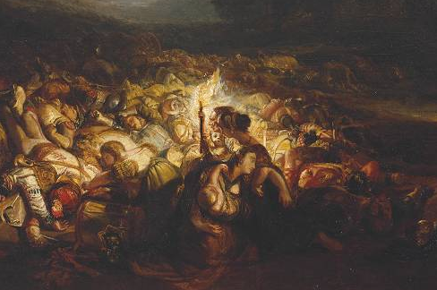 油畫中描繪了戰爭後倖存者在尋找親人