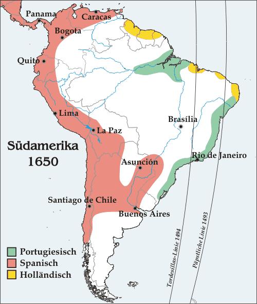 1650年南美洲殖民地圖