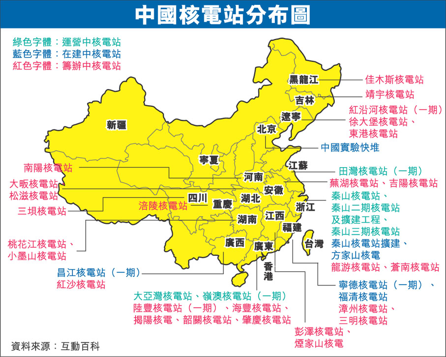 中國核電站分布圖（紅色代表籌建）