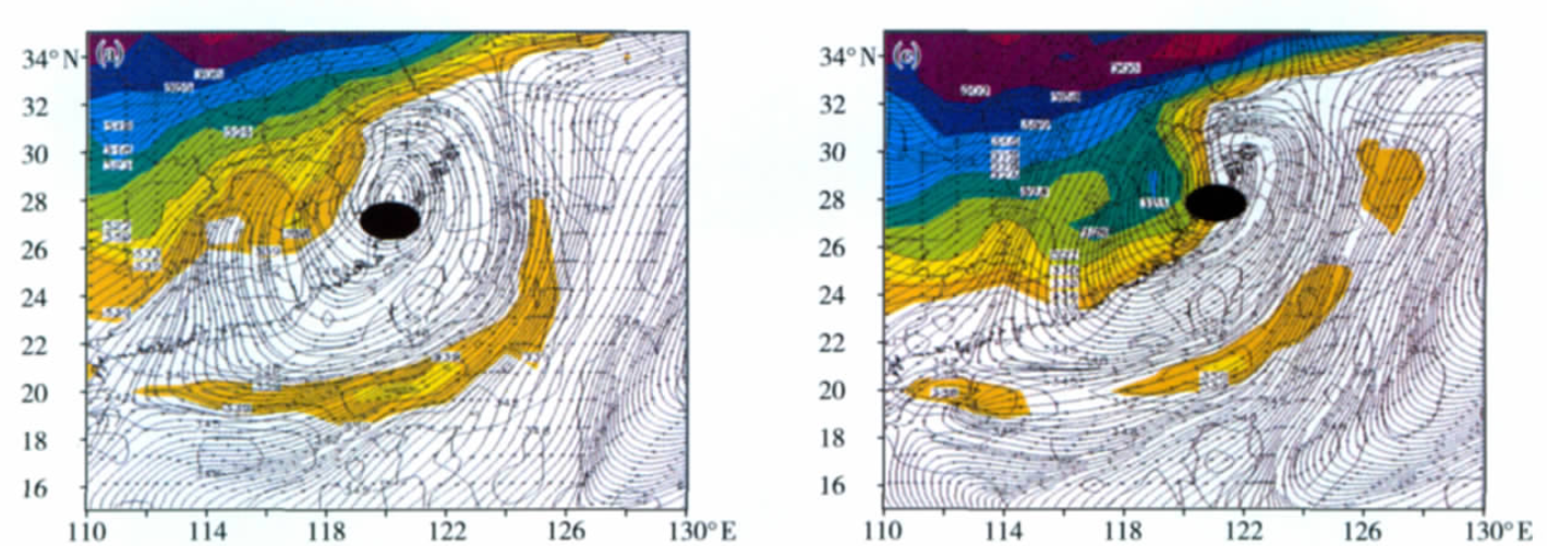 圖1 羅莎颱風變性加強過程中850hPa流場和假相當位溫θse分布
