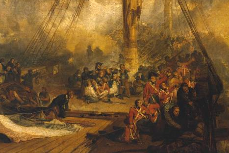 油畫中描繪的受傷的納爾遜將軍（中）